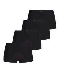 Assorti verpakking van 4 zwarte menstruatieslips: 1 licht, 1 medium en 2 voor zware vloei.