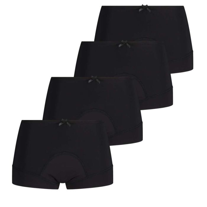 Assorti verpakking van 4 zwarte menstruatieslips: 1 licht, 1 medium en 2 voor zware vloei.